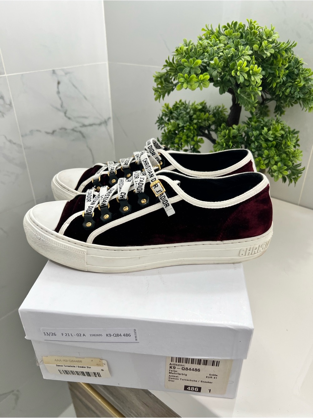 Dior Burgundy Velvet Low-Top Sneakers with Cream Trim